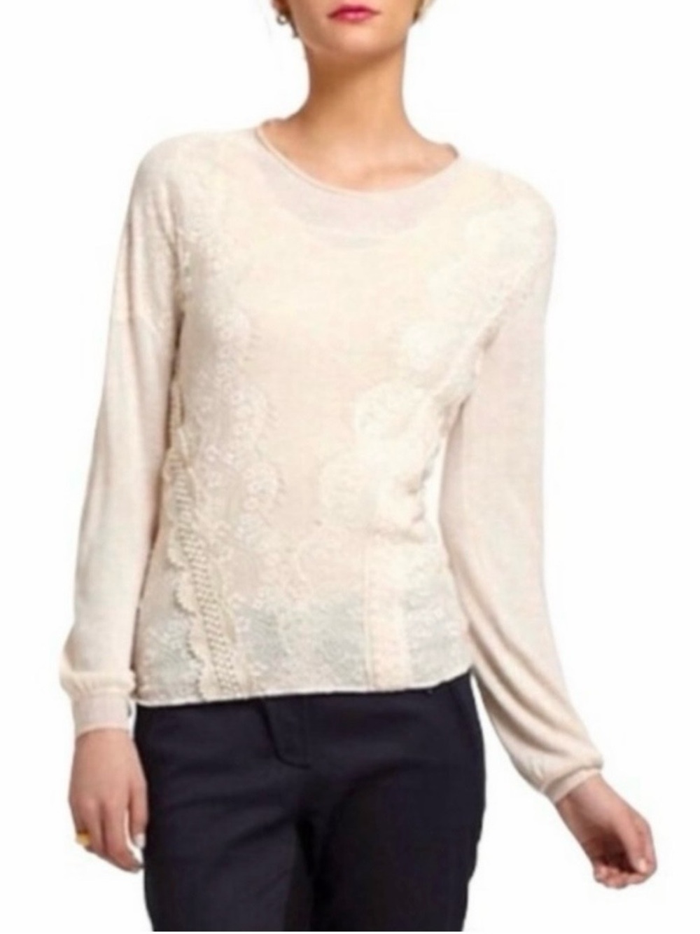 Angel Of The North Anthropologie Cream Lace-Detail Crew Neck Sweater Medium